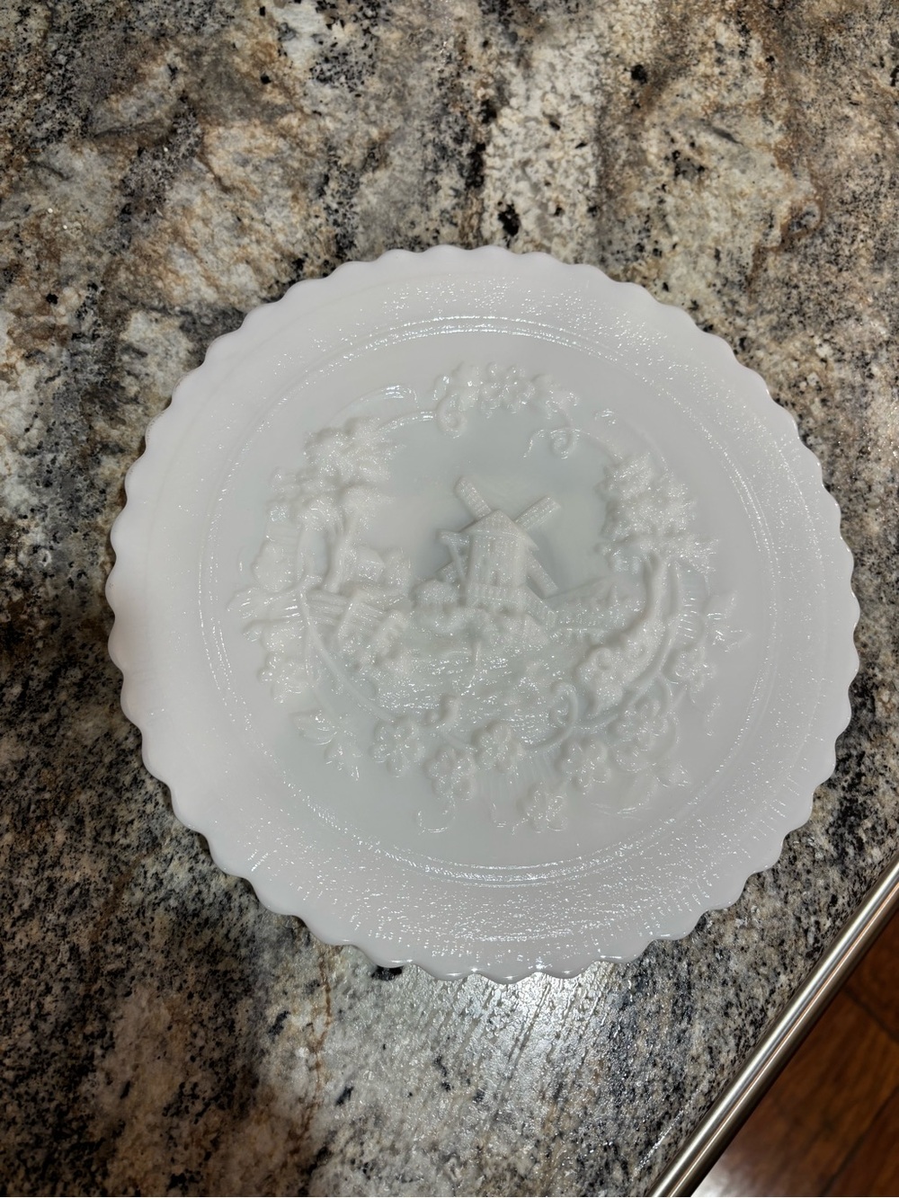 Imperial Embossed Scalloped Milk Glass Plate with Windmill Motif